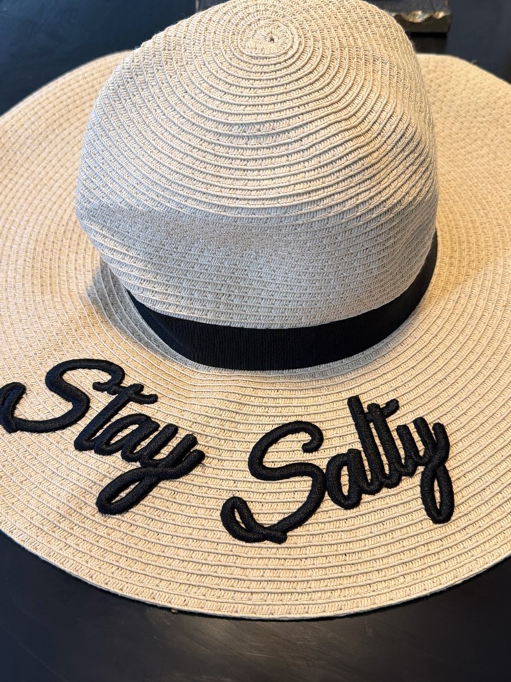 Stay Salty Kids Straw Sun Hat in Beige with Black Trim